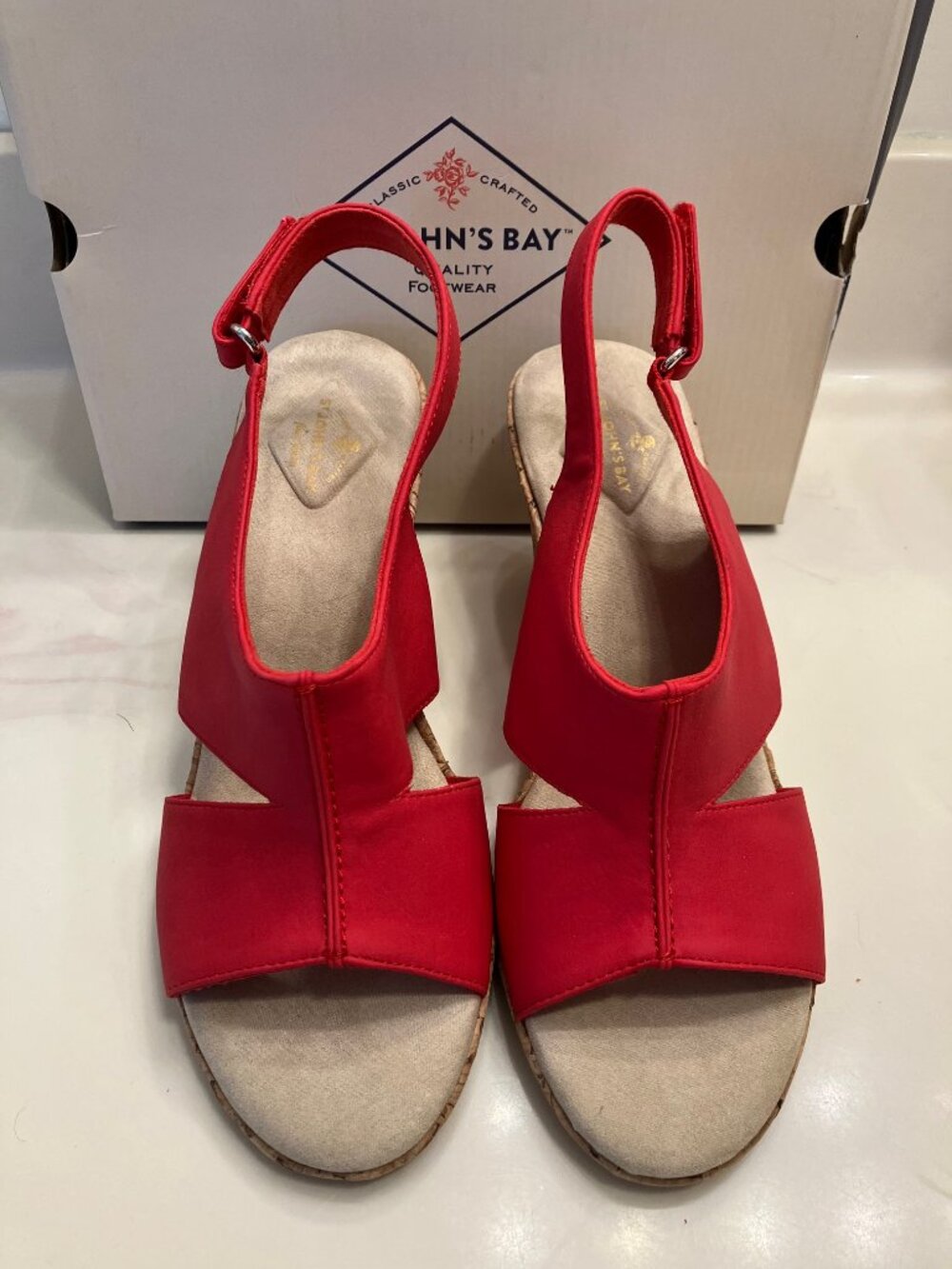 St Johns Bay Cork Wedge Sandal Red Size 8.5M, 3.5" Heel